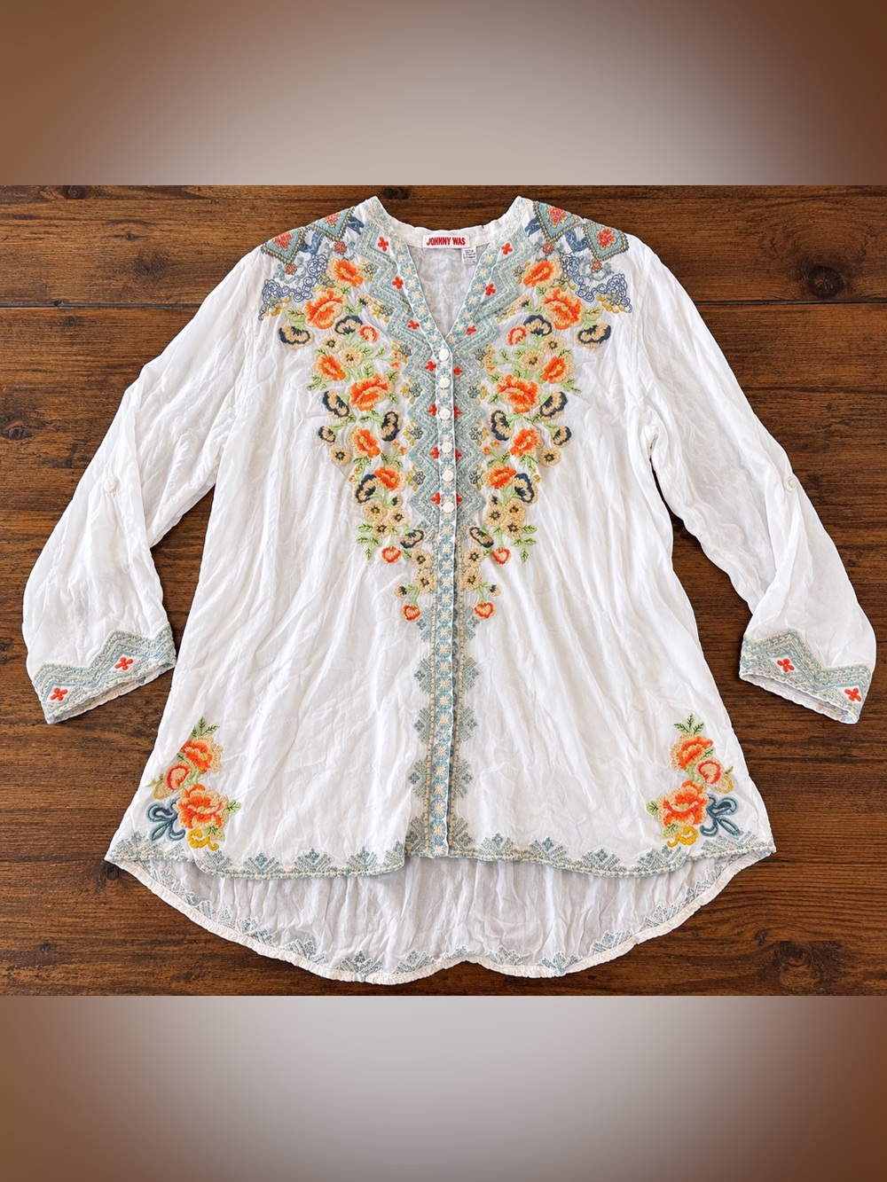 Johnny Was XL White Floral Embroidered Button Front Tunic Blouse Boho